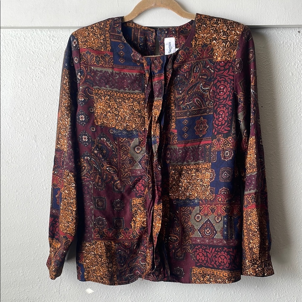 Vintage Norton McNaughton red floral long sleeve button back blouse